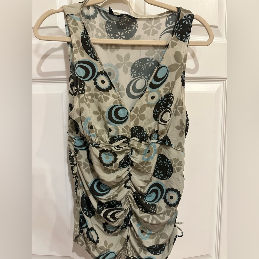 Javier Simorra Blue and Black Ruched Sleeveless Blouse with Tie Front